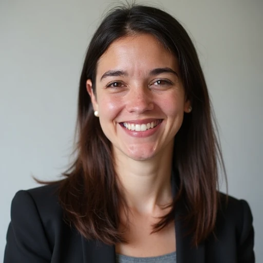 Woman smiling softly, half-body portrait, facing forward.